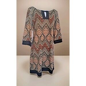 RM LL Shift Dress 10 Brown  Black Chevron 3/4 Sleeve Keyhole Neck Sheath Career